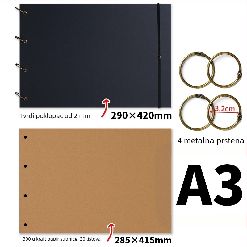 Jednostavan retro ručno izrađeni DIY foto-album, debeli kraft papir, stranice za scrapbooking, album sjećanja A3
