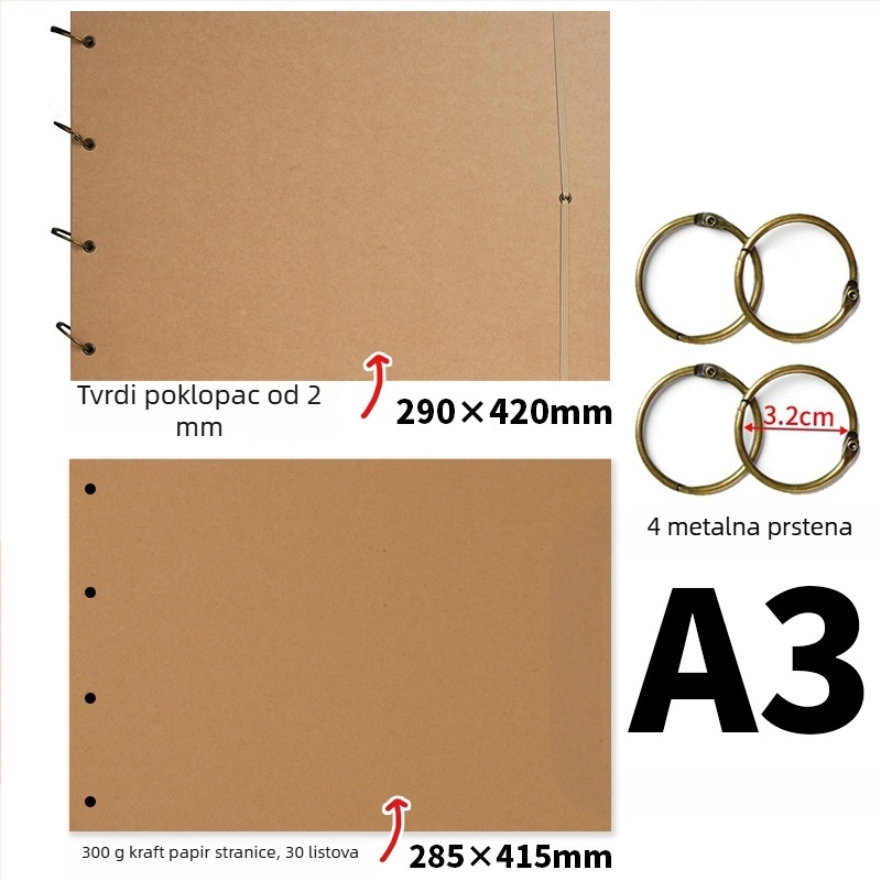 Jednostavan retro ručno izrađeni DIY foto-album, debeli kraft papir, stranice za scrapbooking, album sjećanja A3