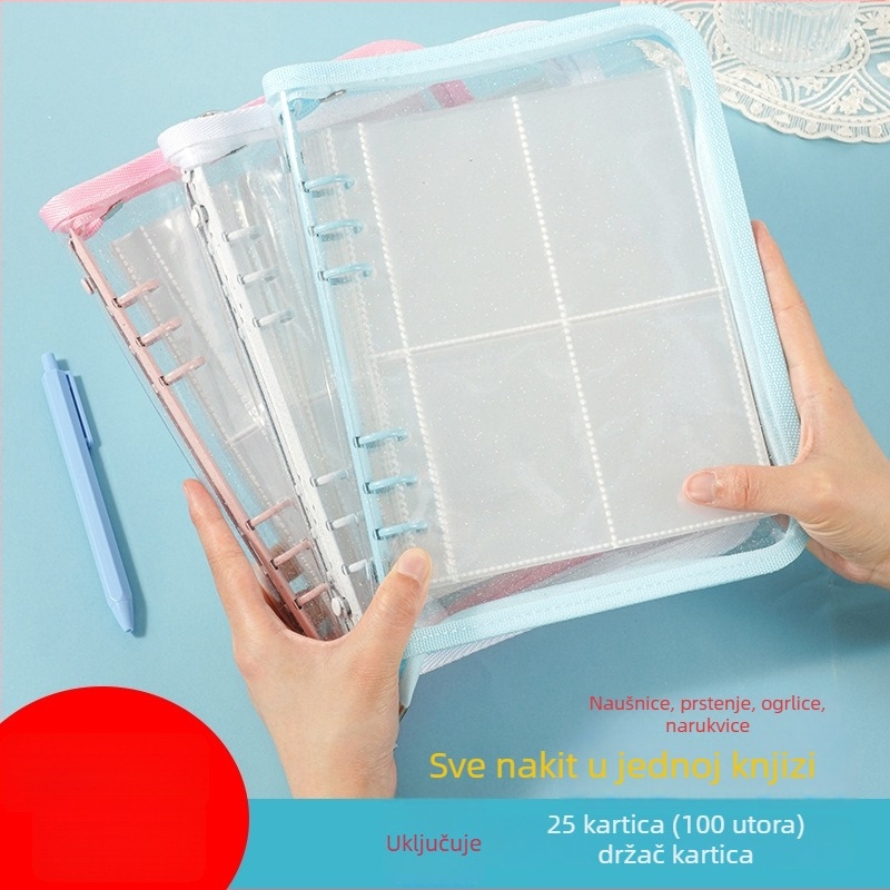 Prozirna PVC torbica za nakit sa zatvaračem na zip, višenamjenski fotoalbum, 25 unutarnjih stranica PP, bijele stranice s mrežom od četiri kvadrata, 100-dnevni plan pohrane