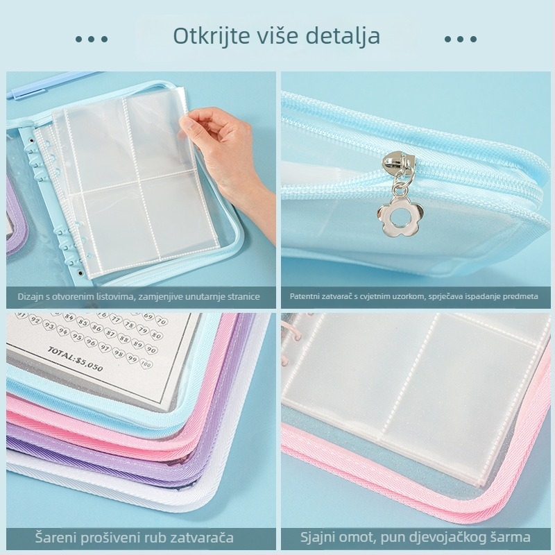 Prozirna PVC torbica za nakit sa zatvaračem na zip, višenamjenski fotoalbum, 25 unutarnjih stranica PP, bijele stranice s mrežom od četiri kvadrata, 100-dnevni plan pohrane
