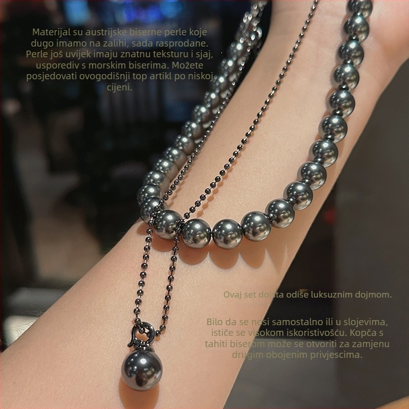 Ženski ogrlica inšpirirana Tahiti Black Pearl s umjetnim kristalom, lagani luksuz, nišni dizajn, lanac za ključnu kost, privjesak od srebra 925, duljina 41–50 cm, geometrijski U-oblik