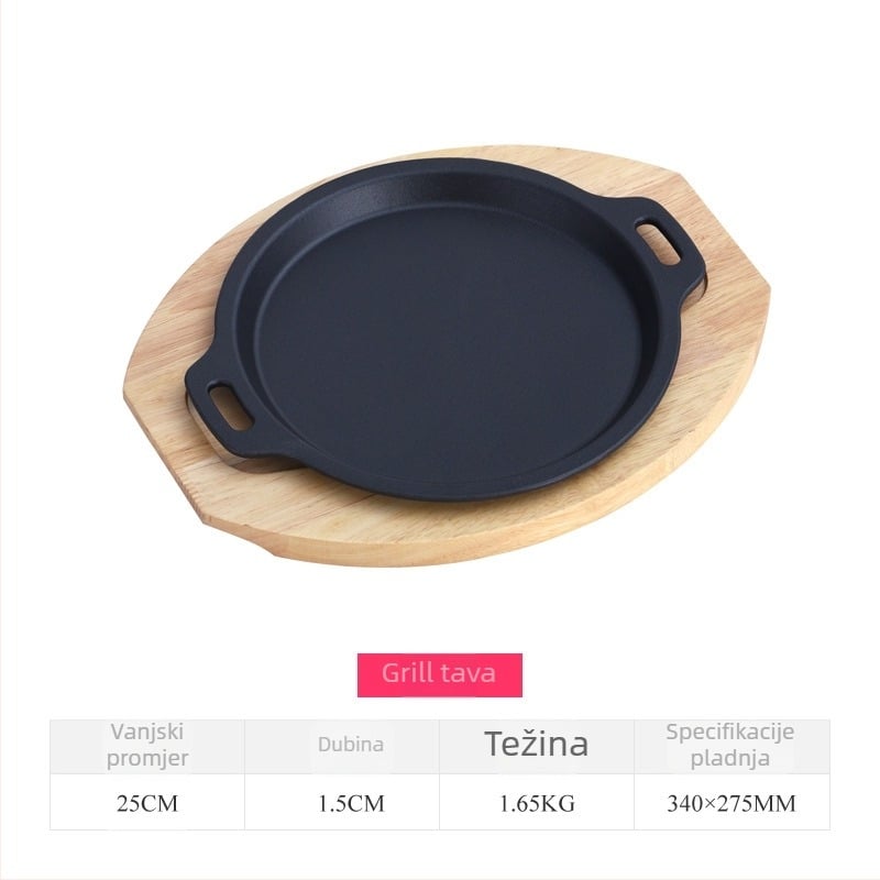 Premium debeli ljevani grill tiganj za roštilj i biftek, indukcijski kompatibilan, okruglog oblika