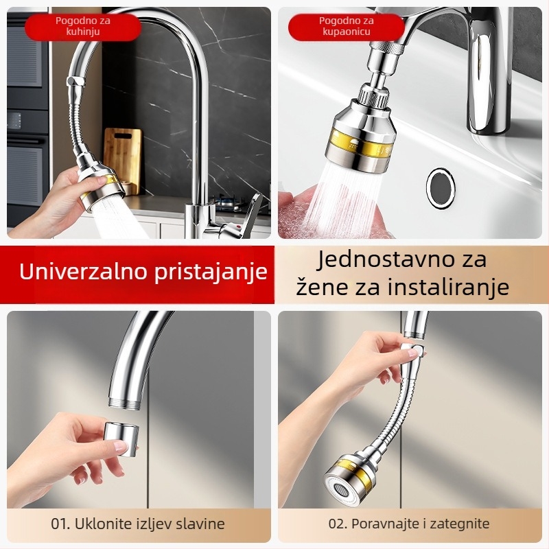 Univerzalni produžni nastavak za kuhinjsku slavinu s okretivim izljevom za sudoper, zaštita od prskanja, trostupan booster priključak