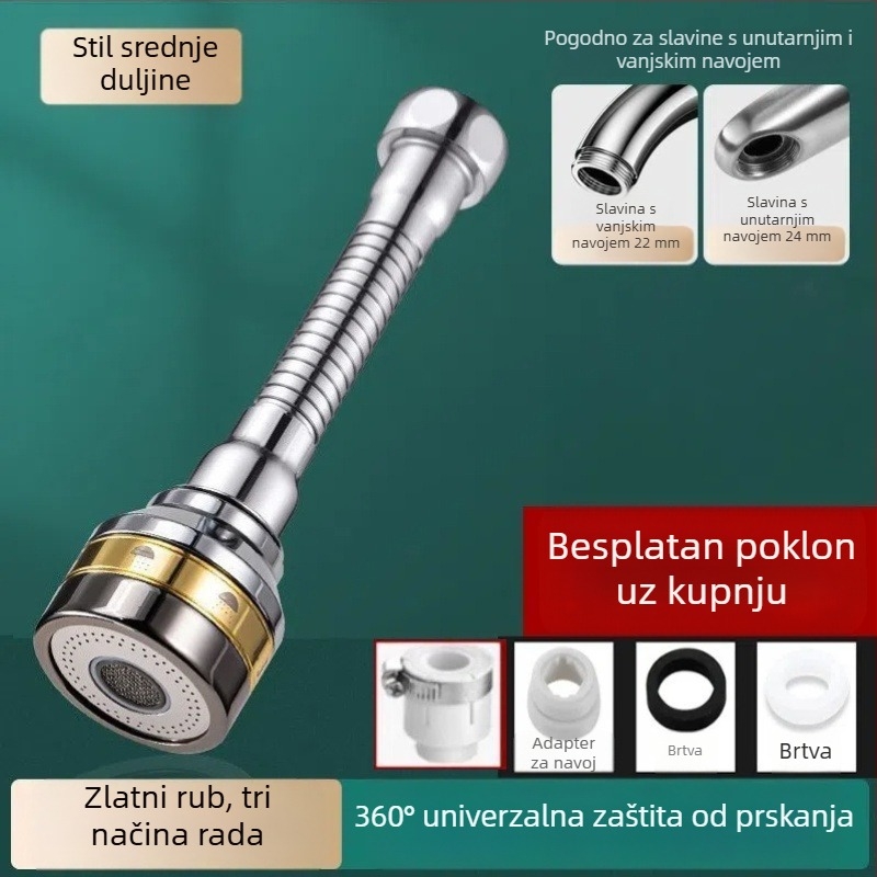 Univerzalni produžni nastavak za kuhinjsku slavinu s okretivim izljevom za sudoper, zaštita od prskanja, trostupan booster priključak
