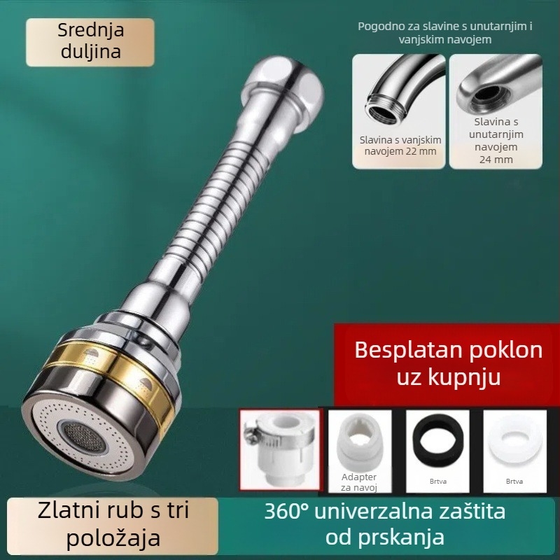 Univerzalni produžni nastavak za kuhinjsku slavinu s okretivim izljevom za sudoper, zaštita od prskanja, trostupan booster priključak