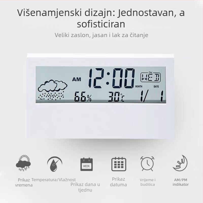 Proziran studentski budilnik za stolni prostor, višefunkcijski elektronički budilnik s temperaturom i vlagom