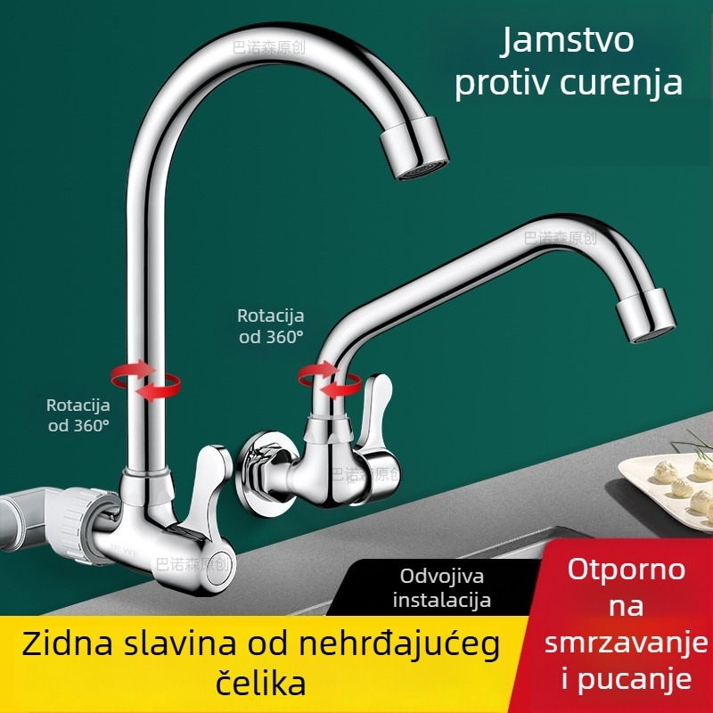 Zidna slavina s jednorukim hladnom vodom za umivaonik u kupaoni i kuhinji, 360° rotacija, zaštita od prskanja, horizontalni bočni izlaz