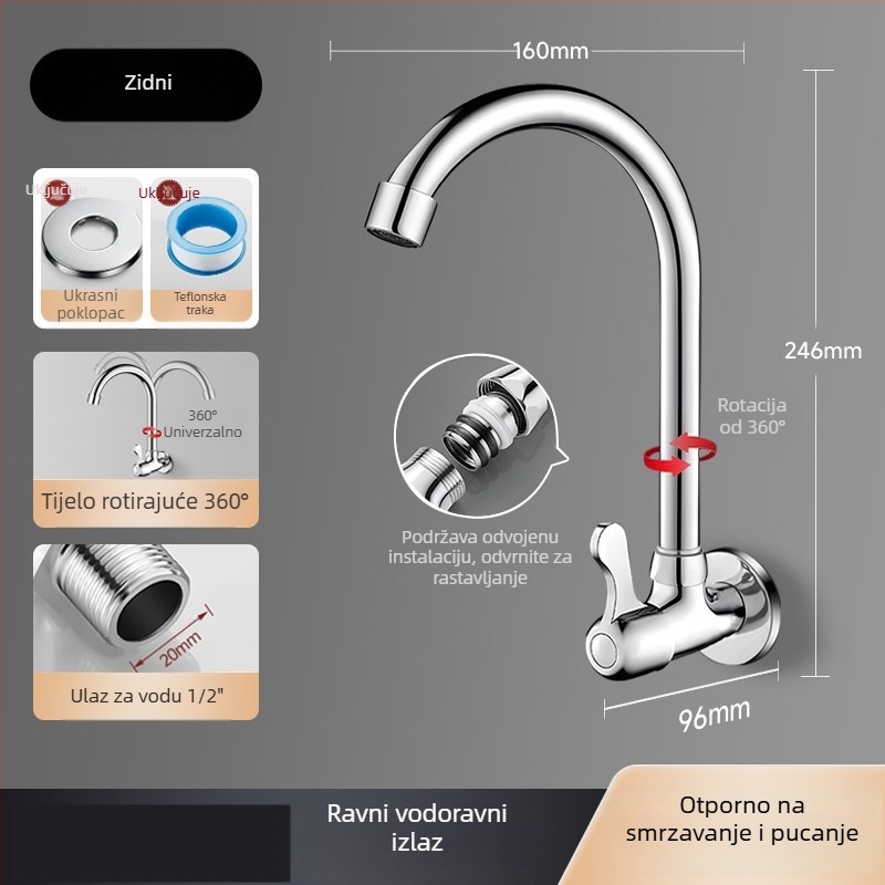 Zidna slavina s jednorukim hladnom vodom za umivaonik u kupaoni i kuhinji, 360° rotacija, zaštita od prskanja, horizontalni bočni izlaz