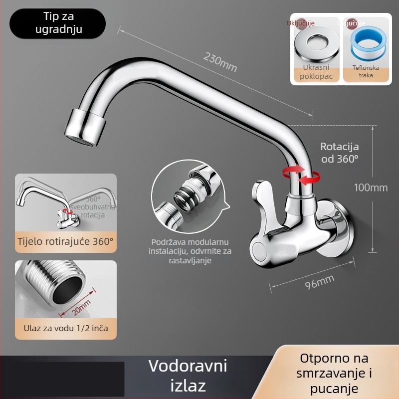 Zidna slavina s jednorukim hladnom vodom za umivaonik u kupaoni i kuhinji, 360° rotacija, zaštita od prskanja, horizontalni bočni izlaz