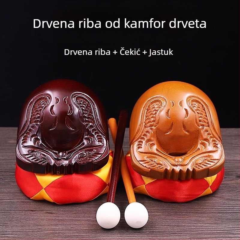 Drveni Muyu riba od kamfornog drveta – set s jastukom i čekićem, veličine 3.5–8 inča