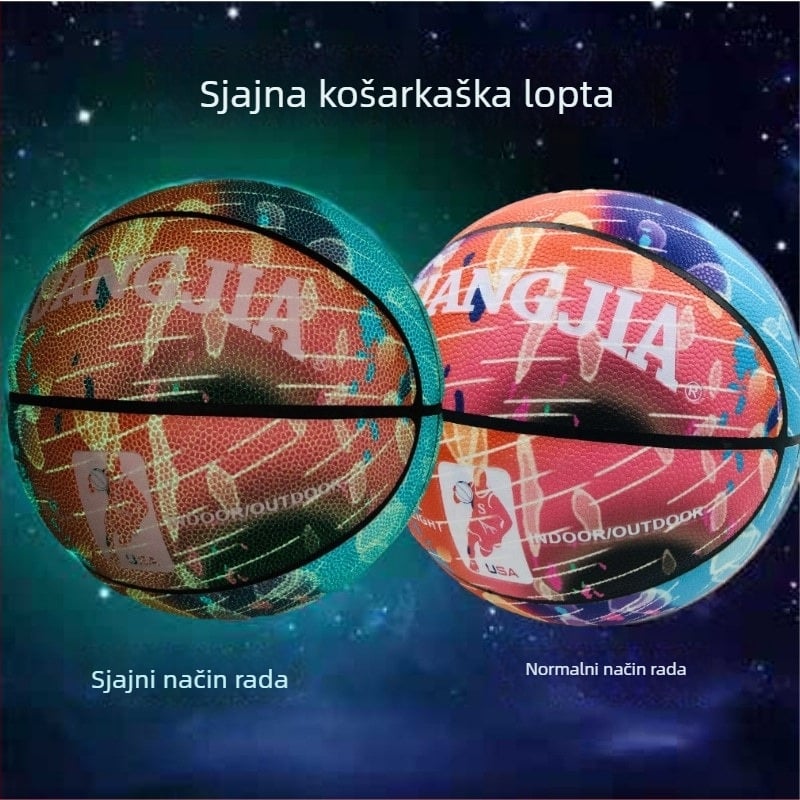 Luminiscirajuća, fluorescencijska i reflektirajuća košarkaška lopta, veličina 5 za djecu i veličina 7 za odrasle, standardna.