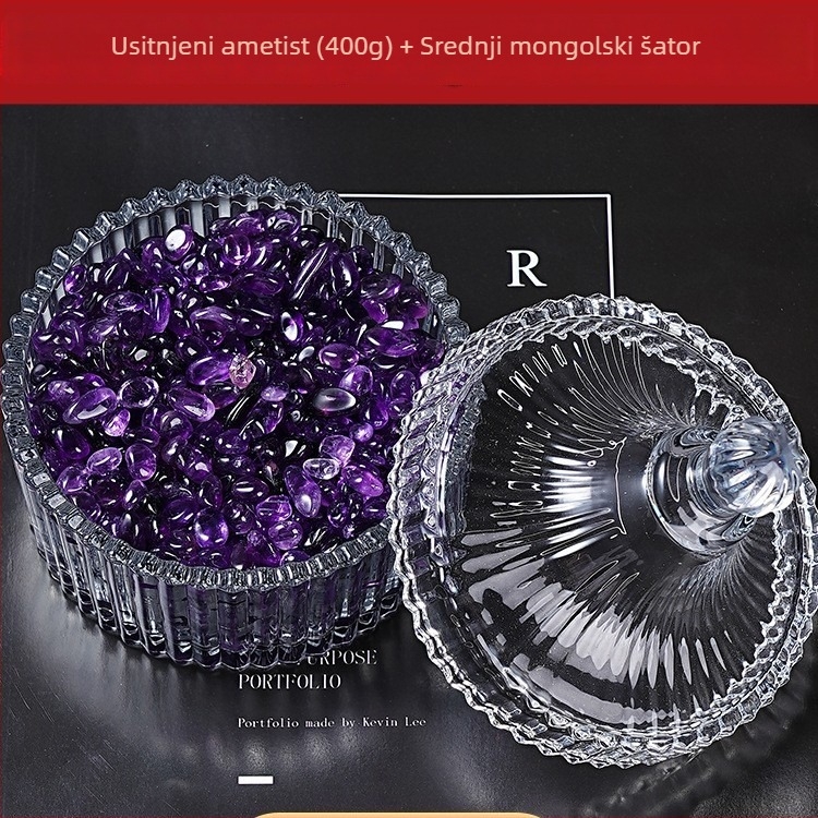 Prirodni kristal ametist – ljubičaste sitne čestice, demagnetizirajući kamen i posuda za demagnetiziranje za čišćenje sirovih kamenja – dekorativni komad