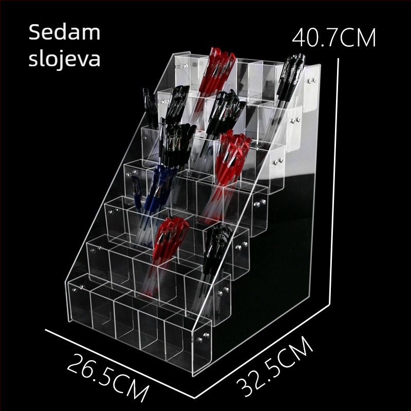 Akrilni stolni izložbeni stalak za pribor, višerazinski trapezni dizajn s prostorom za pohranu