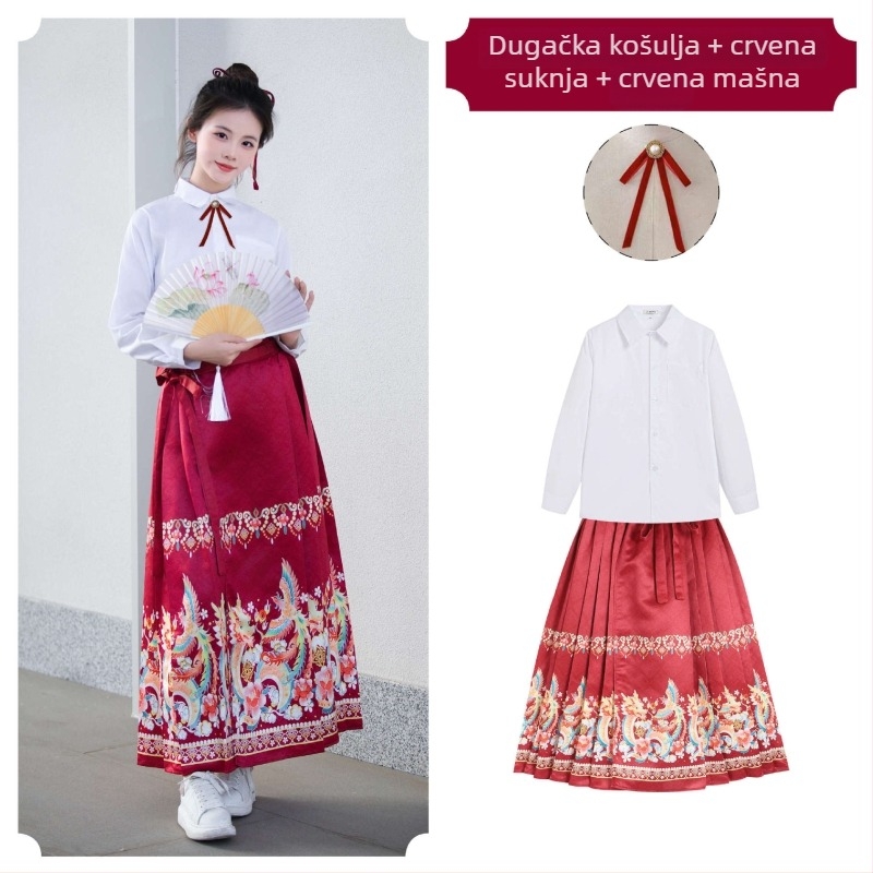Tang stil izvedbeni kostim sa suknjom horse-face za školski zbor i događanja, prikladan za sve sezone. Mrežasti materijal, 80-90% poliester.