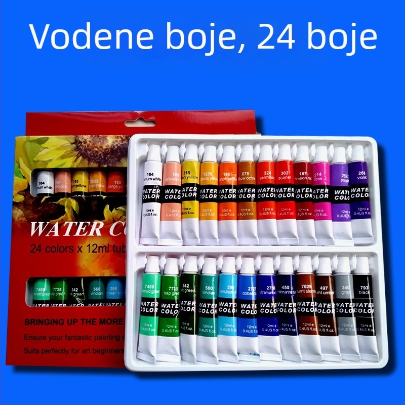 Set dječjih akrilnih boja, 24 boje, cijevi 12 ml, uključuje akvarel i gouache, umjetnički pribor