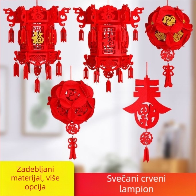 Veliki crveni lampion od netkanog materijala, DIY dvorski lampion s privjeskom sa simbolom sreće i šivanom kuglom za novogodišnju dekoraciju