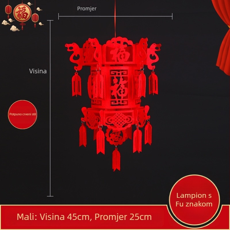 Veliki crveni lampion od netkanog materijala, DIY dvorski lampion s privjeskom sa simbolom sreće i šivanom kuglom za novogodišnju dekoraciju