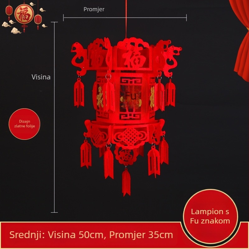 Veliki crveni lampion od netkanog materijala, DIY dvorski lampion s privjeskom sa simbolom sreće i šivanom kuglom za novogodišnju dekoraciju