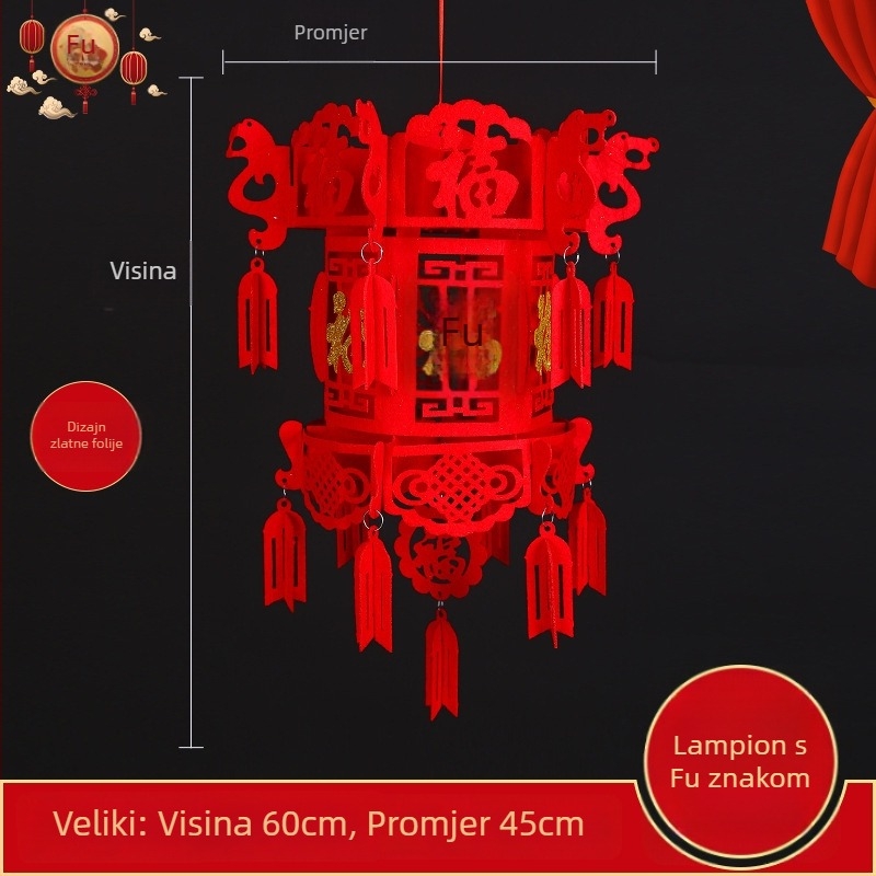 Veliki crveni lampion od netkanog materijala, DIY dvorski lampion s privjeskom sa simbolom sreće i šivanom kuglom za novogodišnju dekoraciju