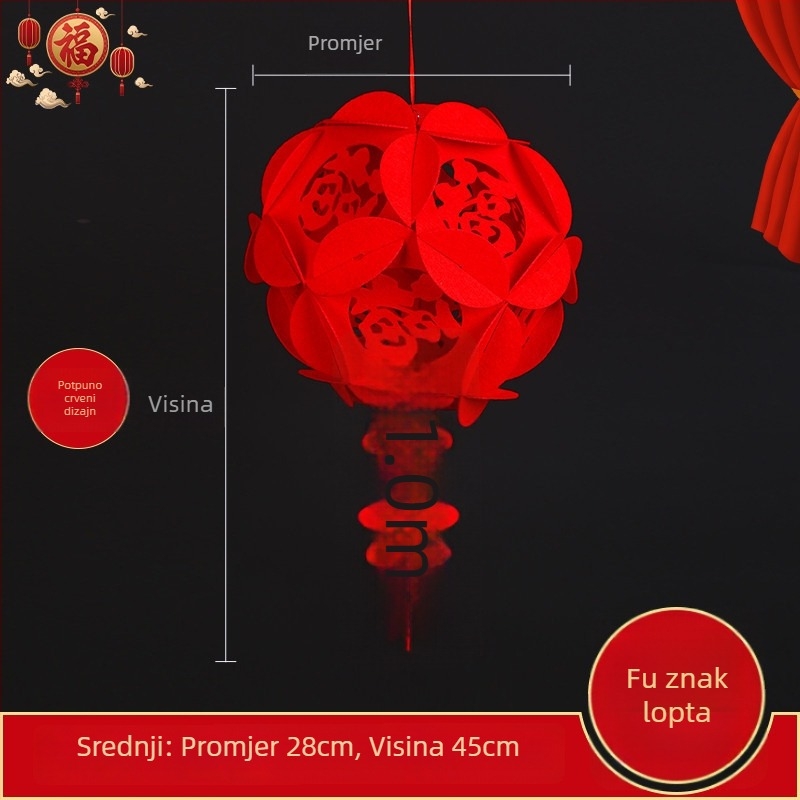 Veliki crveni lampion od netkanog materijala, DIY dvorski lampion s privjeskom sa simbolom sreće i šivanom kuglom za novogodišnju dekoraciju
