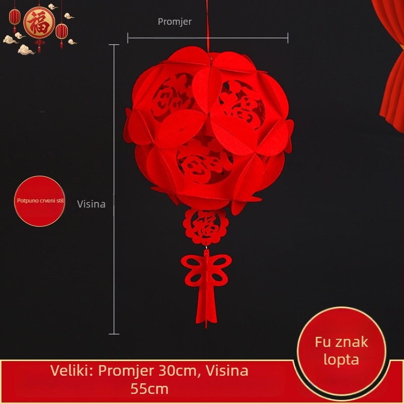 Veliki crveni lampion od netkanog materijala, DIY dvorski lampion s privjeskom sa simbolom sreće i šivanom kuglom za novogodišnju dekoraciju