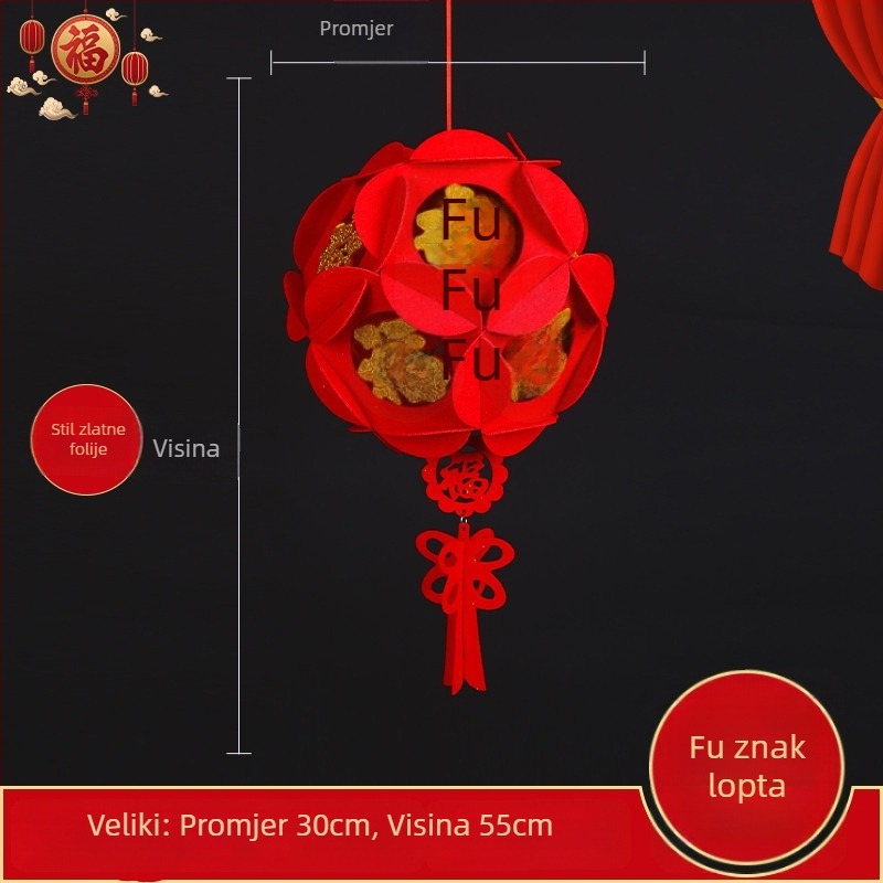 Veliki crveni lampion od netkanog materijala, DIY dvorski lampion s privjeskom sa simbolom sreće i šivanom kuglom za novogodišnju dekoraciju