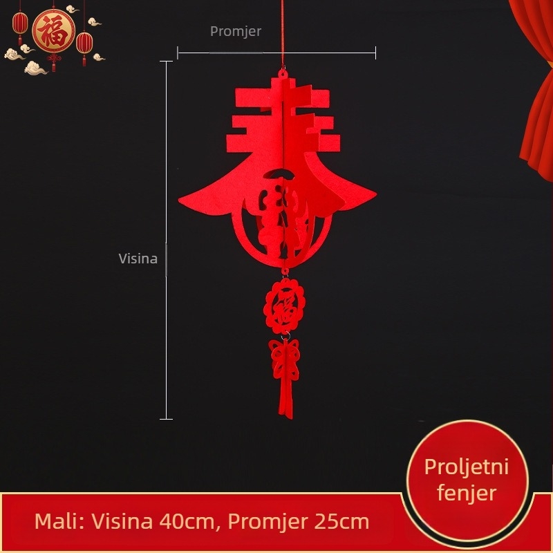 Veliki crveni lampion od netkanog materijala, DIY dvorski lampion s privjeskom sa simbolom sreće i šivanom kuglom za novogodišnju dekoraciju