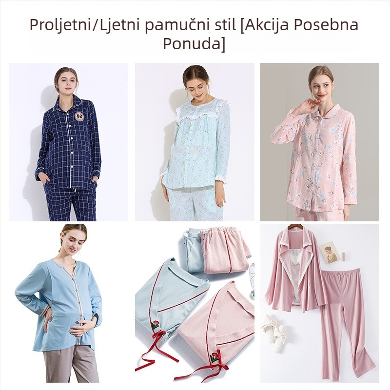 Pamučna ljetna pidžama za dojenje trudnice, prozračna, s dugim rukavima