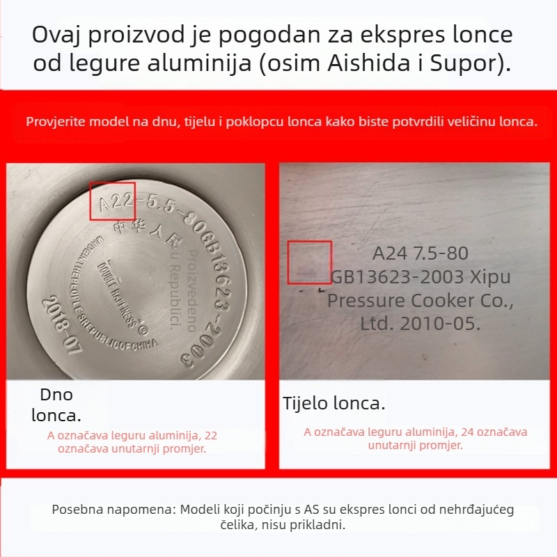 WBZ7 aluminijski tlak kuhalo brtveni prsten, set dijelova poklopca — silikonski prsten, kožni prsten, veličina 16–36 cm