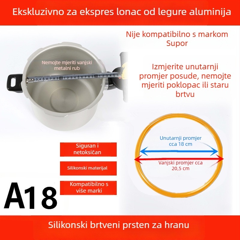 WBZ7 aluminijski tlak kuhalo brtveni prsten, set dijelova poklopca — silikonski prsten, kožni prsten, veličina 16–36 cm