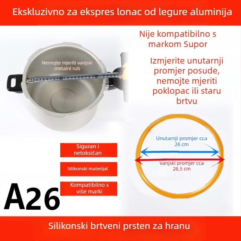 WBZ7 aluminijski tlak kuhalo brtveni prsten, set dijelova poklopca — silikonski prsten, kožni prsten, veličina 16–36 cm