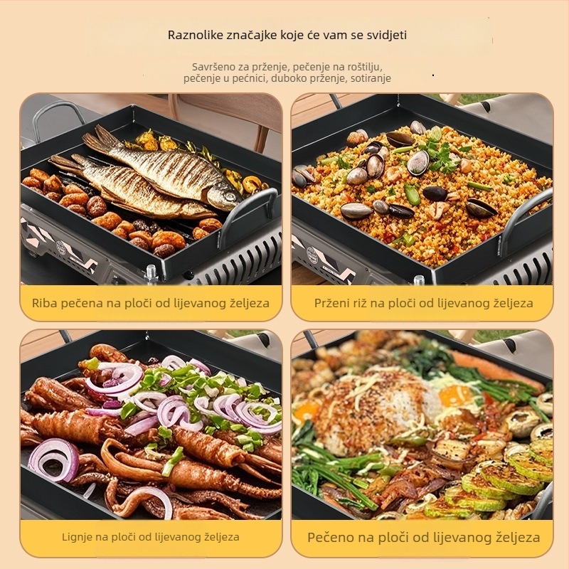 Teppanyaki ploča od kovanog željeza, kvadratnog oblika, za komercijalne štandove i kućnu upotrebu, bez premaza, višestruka, prijenosna, jednostavna za čišćenje