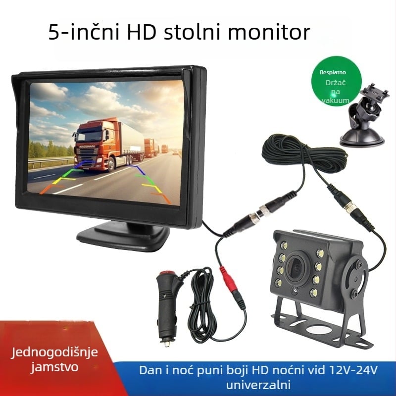 HD kamera za vožnju unatrag za kamione i kombije, univerzalni auto monitor 12V/24V, 5-inčni stolni zaslon