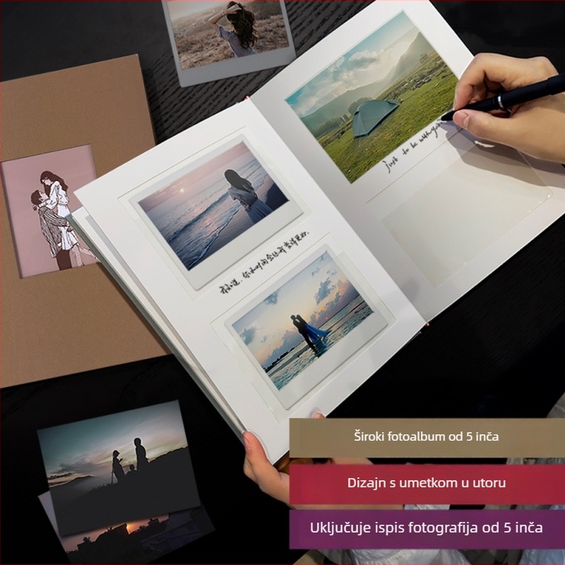 5-inčni širokoformativni instant fotoalbum s pretincima za kartice i umetnim stranicama, zapisivo, pogodno kao knjiga gostiju za vjenčanje i obiteljski fotoalbum