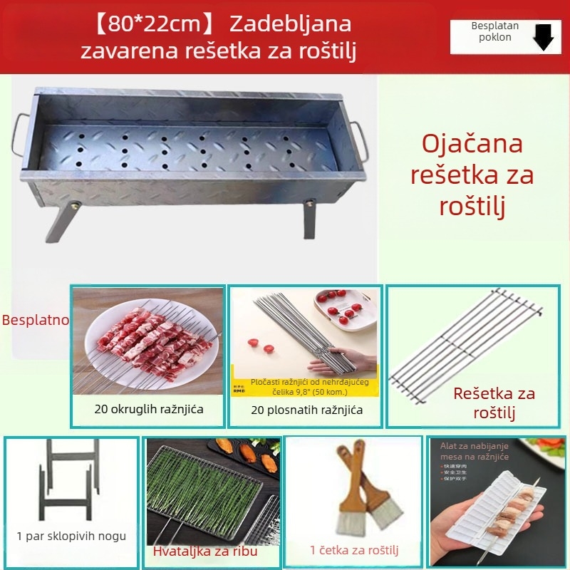 Domaći roštilj na ugljen, sklopiva stalka za ražnjiće, prenosni vanjski roštilj u obliku V, set različitih veličina