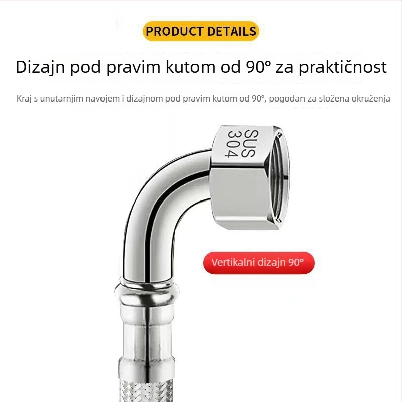 Pletena cijev od nehrđajućeg čelika 304, 90° zavoj, za ulaz tople i hladne vode