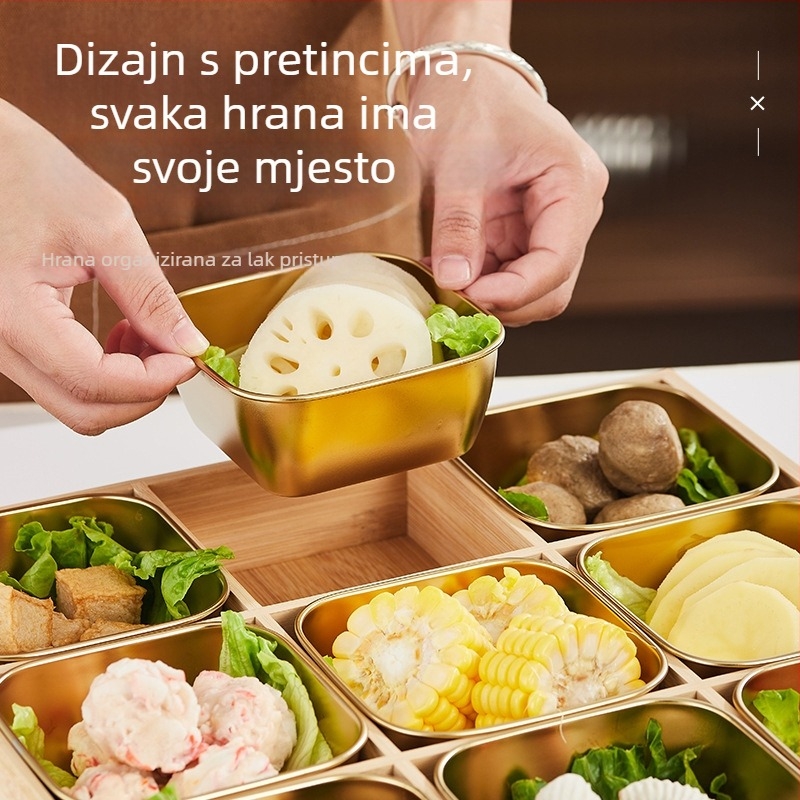 Baosheng devetodjelni podijeljeni tanjur za hot pot i roštilj, kvadratni podložni pladanj od bambusa i drveta, 304 nehrđajući čelik, promjer 17–17,9 cm