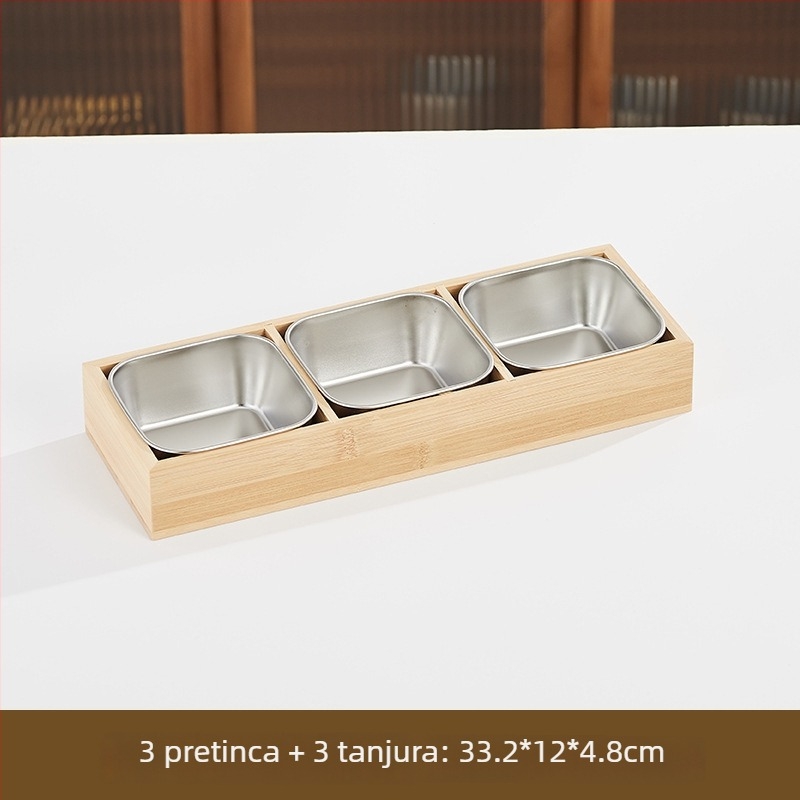 Baosheng devetodjelni podijeljeni tanjur za hot pot i roštilj, kvadratni podložni pladanj od bambusa i drveta, 304 nehrđajući čelik, promjer 17–17,9 cm