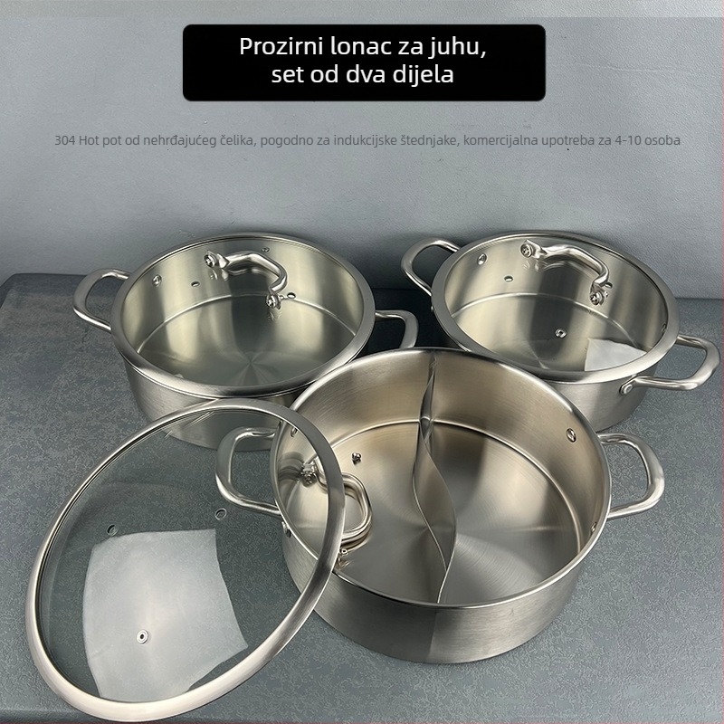 Lonac za hot pot od nehrđajućeg čelika 304, debeli lonac s Yin-Yang dizajnom i dvostrukim dnom, staklena poklopca, komercijalna upotreba
