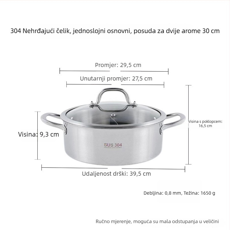 Lonac za hot pot od nehrđajućeg čelika 304, debeli lonac s Yin-Yang dizajnom i dvostrukim dnom, staklena poklopca, komercijalna upotreba