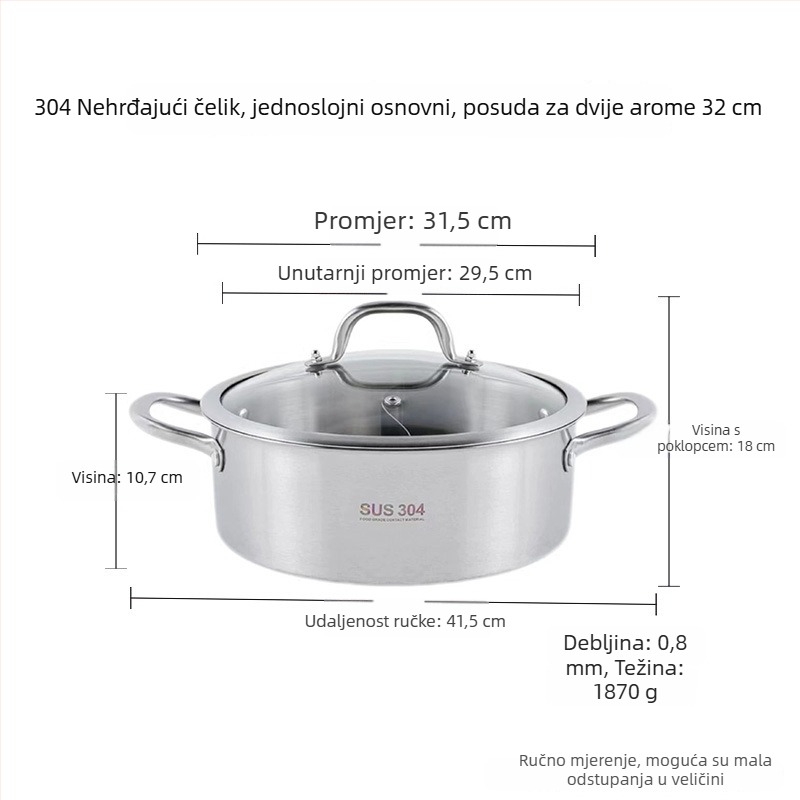 Lonac za hot pot od nehrđajućeg čelika 304, debeli lonac s Yin-Yang dizajnom i dvostrukim dnom, staklena poklopca, komercijalna upotreba