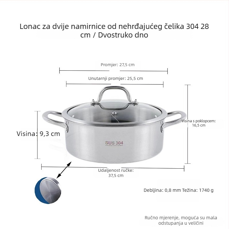 Lonac za hot pot od nehrđajućeg čelika 304, debeli lonac s Yin-Yang dizajnom i dvostrukim dnom, staklena poklopca, komercijalna upotreba