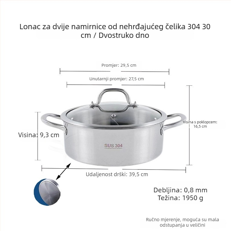 Lonac za hot pot od nehrđajućeg čelika 304, debeli lonac s Yin-Yang dizajnom i dvostrukim dnom, staklena poklopca, komercijalna upotreba