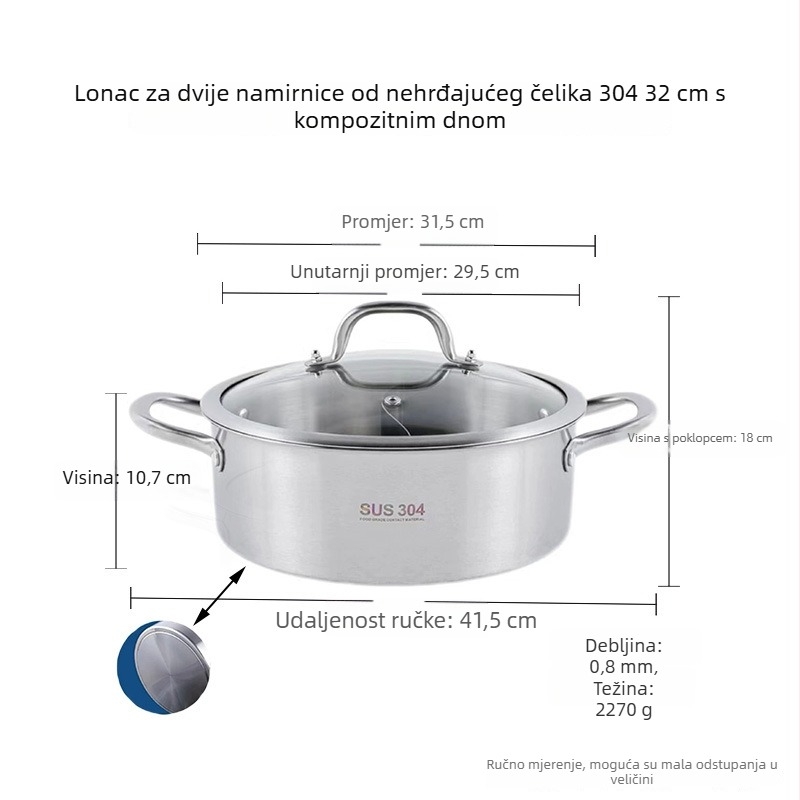 Lonac za hot pot od nehrđajućeg čelika 304, debeli lonac s Yin-Yang dizajnom i dvostrukim dnom, staklena poklopca, komercijalna upotreba