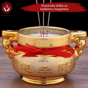 Keramički tamjanik s završetkom pijesko-zlatnim, dvostrukim držačima, velik za kućnu upotrebu, budistička ritualna oprema