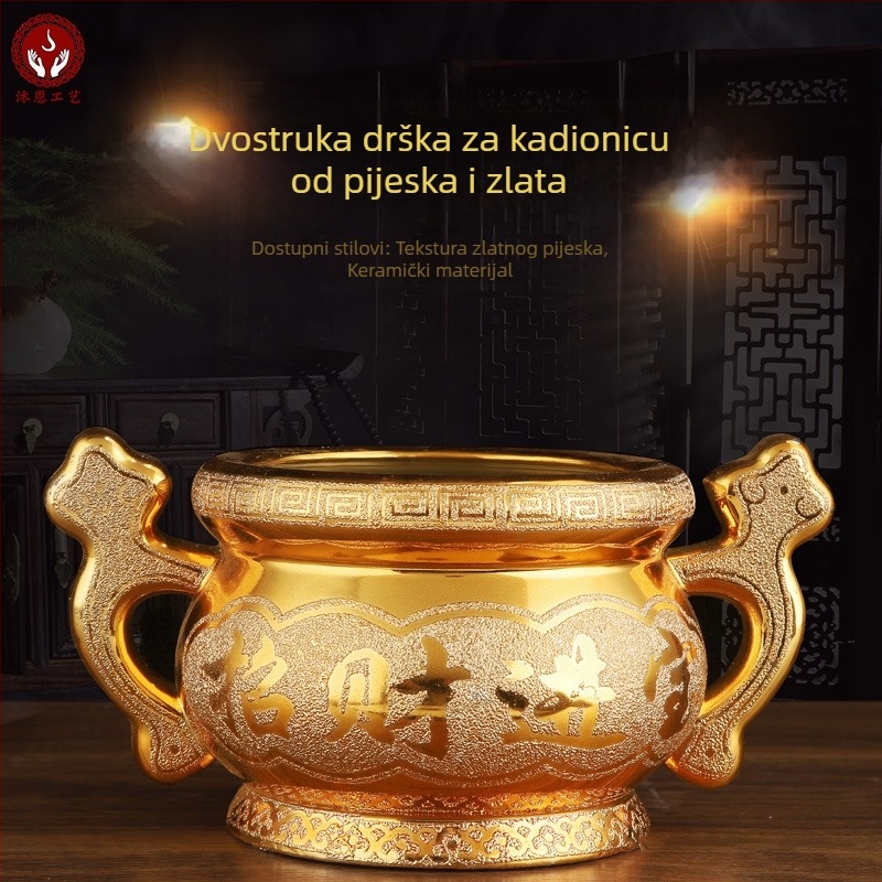 Keramički tamjanik s završetkom pijesko-zlatnim, dvostrukim držačima, velik za kućnu upotrebu, budistička ritualna oprema
