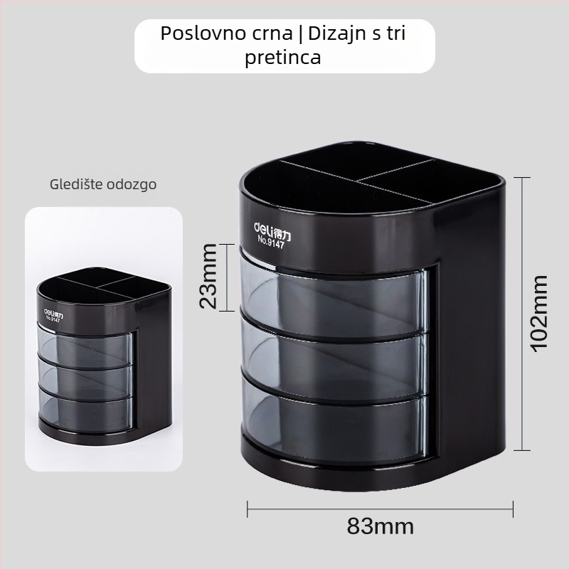 Deli 9147 Prozirni držač olovke – uredski stolni organizator sa trostrukim slojem pohrane spajalica, sladak i višenamjenski