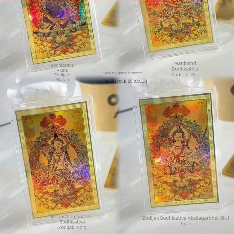 Čisto zlato 999 Osm zaštitnika Buddhe – statuica za telefon, šareni Thangka, zlatna kartica