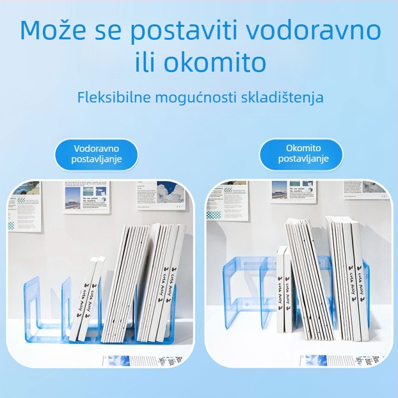 Prozirni držač knjiga s debelim dijelom ploče za stolom, odjeljak za dom i regalom za pohranu