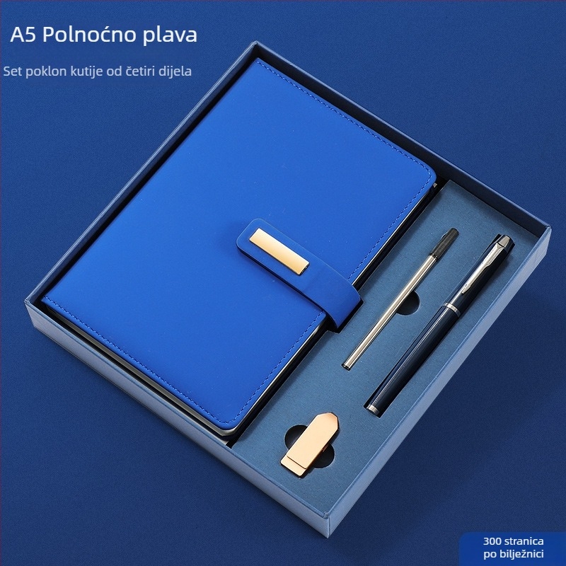 A5 poslovni bilježnica s kožnim izgledom u darovnom kompletu s mogućnošću logotipa, bilježnica i zapisnik sa sastanka
